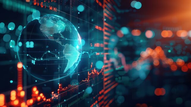 Conceptual image of a digital globe with market icons and economic data.