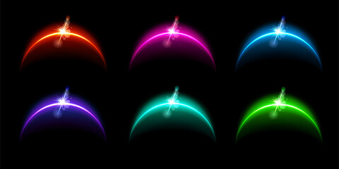 Solar eclipse light set. Shining moon flare effect on black background. Abstract vector illustration collection. Glowing planet globe design in different colors