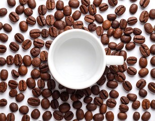 Obraz premium Empty white coffee cup surrounded by coffee beans