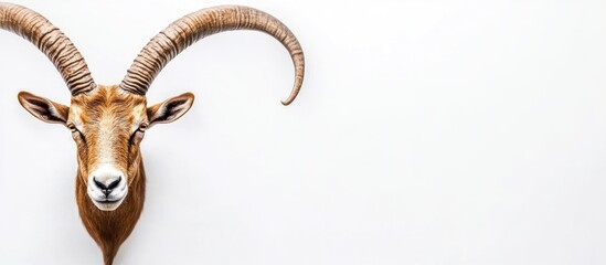 Majestic mountain goat portrait, showcasing intricate horn details against clean white background