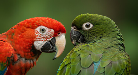 Fototapeta premium Blue and Gold Macaw or Ara Ararauna and Green Winged Macaw or Ara Chloroptera cute pets colorful birds, Beautiful nature of wildlife closeup face of a parrot is red and yellow on the green background