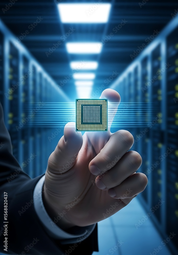 Poster hand holding computer chip in server room processor