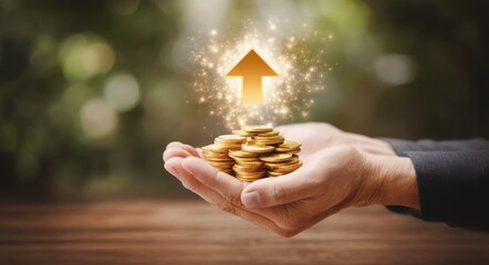 Businessman Holding Coins with Growth Arrow and Real Estate Background for Financial Success