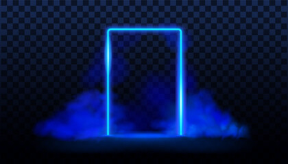 Blue neon door with smoke. Led portal background, rectangle gate with mist. Vector realistic effect