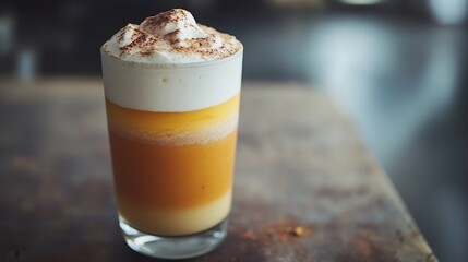 Creamy smoothie with layered peach puree and yogurt foam