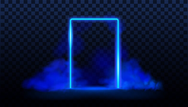 Blue neon door with smoke. Led portal background, rectangle gate with mist. Vector realistic effect
