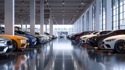 Tableau sur plexiglas Véhicules A car dealership showroom displaying rows of new and used vehicles in inventory.  © SOEM