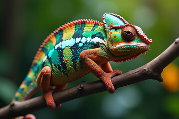Fototapeta premium Colorful Chameleon Perched on Branch with Vibrant Green Background
