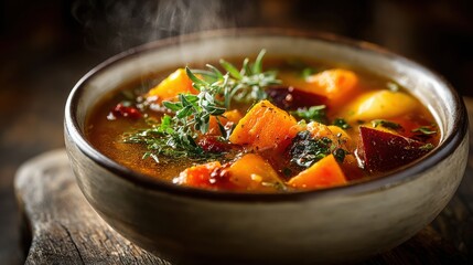 Wholesome Bowl of Hearty Vegetable Soup Loaded with Chunky Pumpkin and Root Vegetables for Nourishing and Invigorating Meals