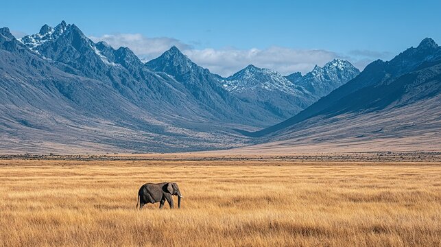 Majestic elephant in a vast, golden savanna, set against a backdrop of snow-capped mountains.