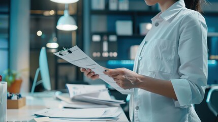 Healthcare administrator organizing paperwork and schedules in an office setting.