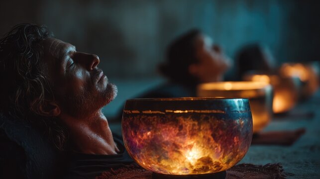 Sound bath healing session with glowing ambient light, singing bowls in use, relaxed faces, energy cleansing, group meditation, emotional calm setting