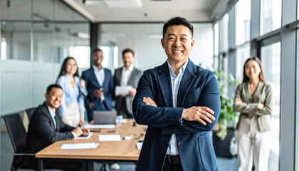 Fototapeta premium Businessman standing confidently with arms crossed in front of team in startup office