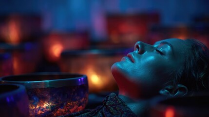 Sound bath healing session with glowing ambient light, singing bowls in use, relaxed faces, energy cleansing, group meditation, emotional calm setting