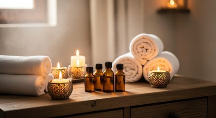 Spa Setting with Essential Oils Candles and Rolled Towels on Wooden Table