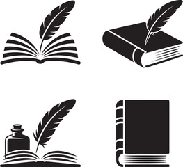 Set of Book and quill pen silhouette vector illustration isolated On Transparent Background