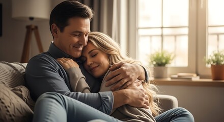 Couple Embracing on Sofa in Cozy Living Room