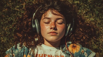 Teen girl laying on grass wearing headphones, listening to music, emotional reset atmosphere, peaceful field, introspection moment, sunny mood balance