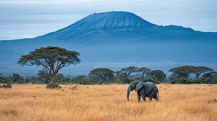 Solitary elephant grazes in a golden savanna landscape beneath a majestic mountain.