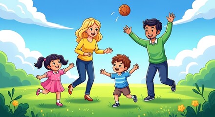Family Playing Ball Together in a Park Cartoon Illustration