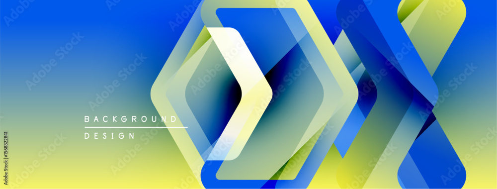 Poster abstract geometric shapes overlap, creating dynamic blue, yellow gradient. modern design element for