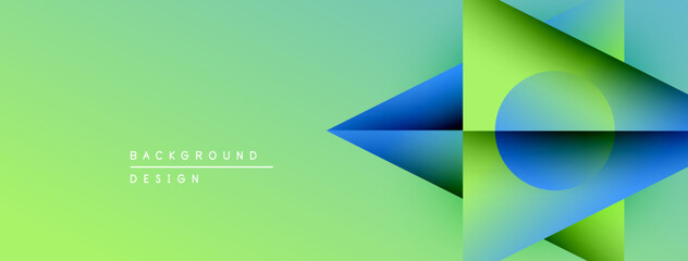Abstract geometric shapes, vibrant green gradients, blue accents create modern background design. Minimalist style, clean lines present visual harmony.
