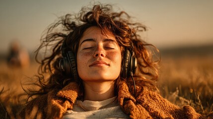 Teen girl laying on grass wearing headphones, listening to music, emotional reset atmosphere, peaceful field, introspection moment, sunny mood balance