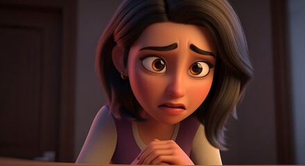 Worried Cartoon Woman with Hands Clasping Looking Down