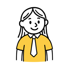 Obraz premium Businesswoman Standing With Tie. Business, Office, Boss, Coffee, Yellow Shirt. Simple Line Drawing, Hand-Drawn Doodle Style Vector Illustration 