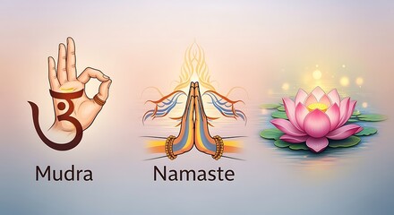 Yoga Illustration Featuring Mudra Hand, Namaste Hands, and Lotus Flower