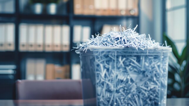 Office setting with a shredding bin filled with shredded documents.