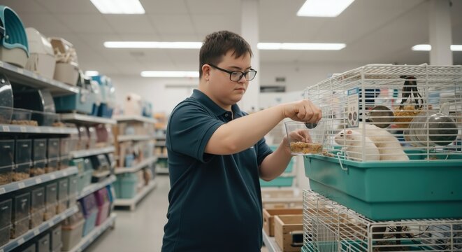 Pet store employee with Down syndrome feeding birds in retail facility. Inclusive employment and disability services concept for pet care businesses and social integration programs