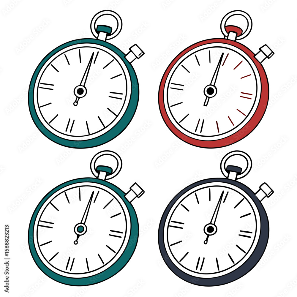 Poster flat vector alarm clocks with twin bells on top, round faces, single or no numbers, minimal detailin