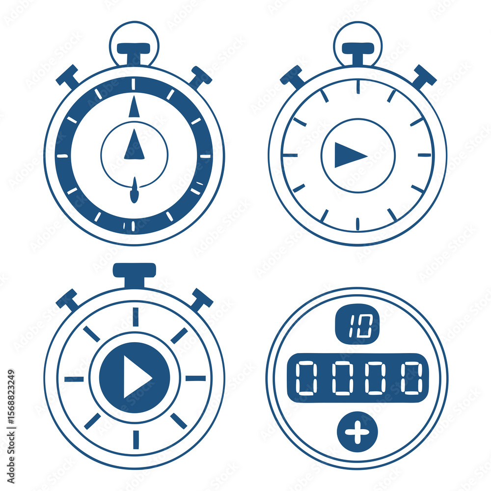 Poster flat ui-style timer illustrations: circular countdown rings, numeric countdown screens, start/pause 
