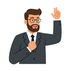 Smiling businessman in suit, gesturing enthusiastically.