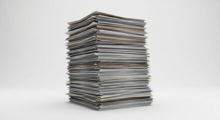 Towering Stack of Paperwork: Overwhelming Office Documents on White Background