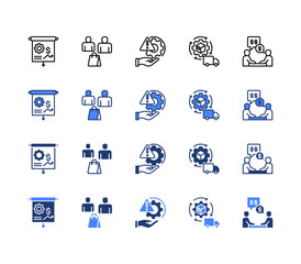 Business integration icon sheet multiple style collection.  Business Plan, Customer, Risk Management, Supply Chain Management and Negotiation.	