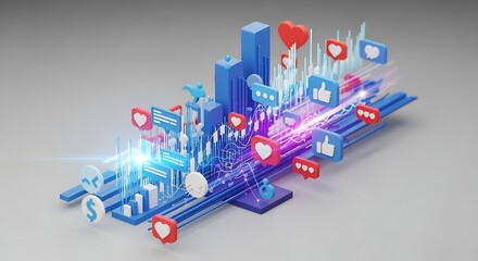 Digital Data Visualization with Social Media Icons and Glowing Charts