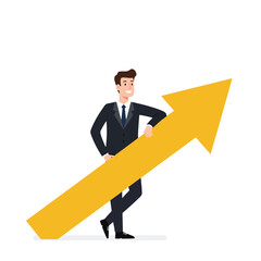 A smiling businessman in a suit leans against a large upward-pointing yellow arrow, representing growth.