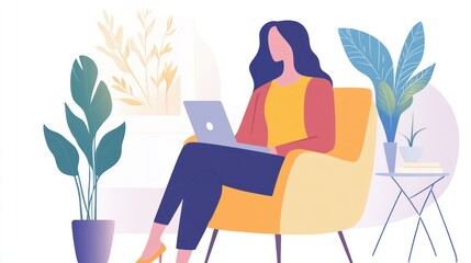 Contemporary Woman Working on Laptop in Interior with Natural Elements