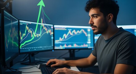 Man Trading Stock Analyzing Financial Data on Multiple Computer Screens