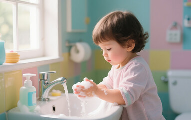 Realistic Scene of Child Washing Hands with Soap