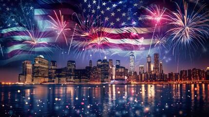 Obraz premium Conceptual image of American flag-themed fireworks bursting over a city skyline.