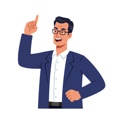 Smiling man in a suit, pointing upward, expressing excitement or inspiration.