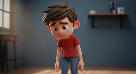 Cartoon Boy Crying in Room with Tears Running Down Face