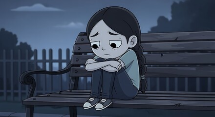 Sad Girl Sitting Alone on Park Bench at Night Cartoon