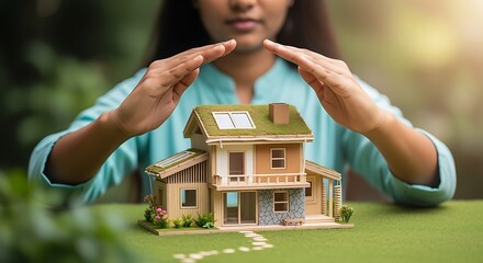Protecting Home Concept with Hands Covering Miniature House