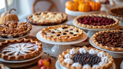 Conceptual image of a table adorned with assorted Thanksgiving pies