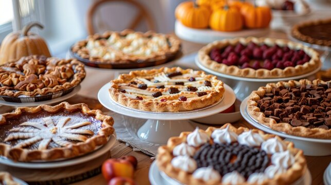 Conceptual image of a table adorned with assorted Thanksgiving pies
