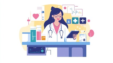 Modern doctor illustration with digital interfaces, health symbols and medical equipment